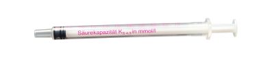 0–2 mmol/L pipette for the Duroval KS4.3 titration kit, used to determine acid capacity down to pH 4.3. Our item number 51123. Pipette photographed lying on its side.
